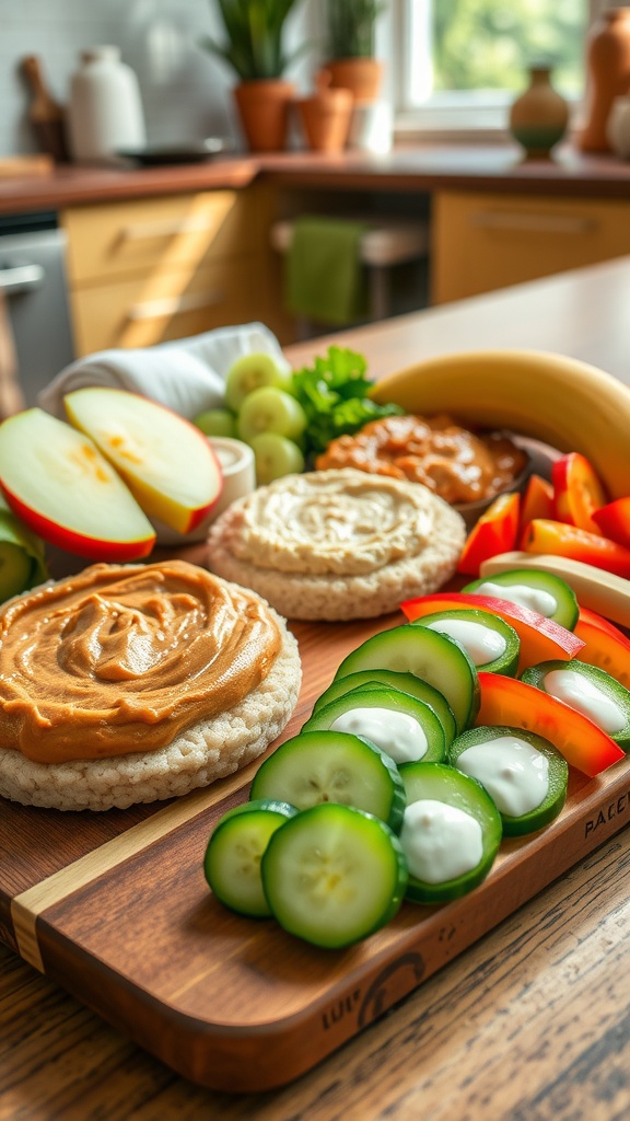 An assortment of healthy 200-calorie snacks, including apple with almond butter, rice cakes with hummus, banana with peanut butter, and cucumber slices with tzatziki, on a wooden platter.